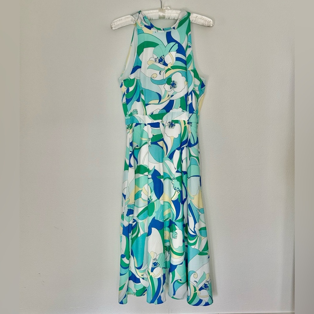 Tahari Halter Tie Flounce Midi Dress Green Blue Sz 12